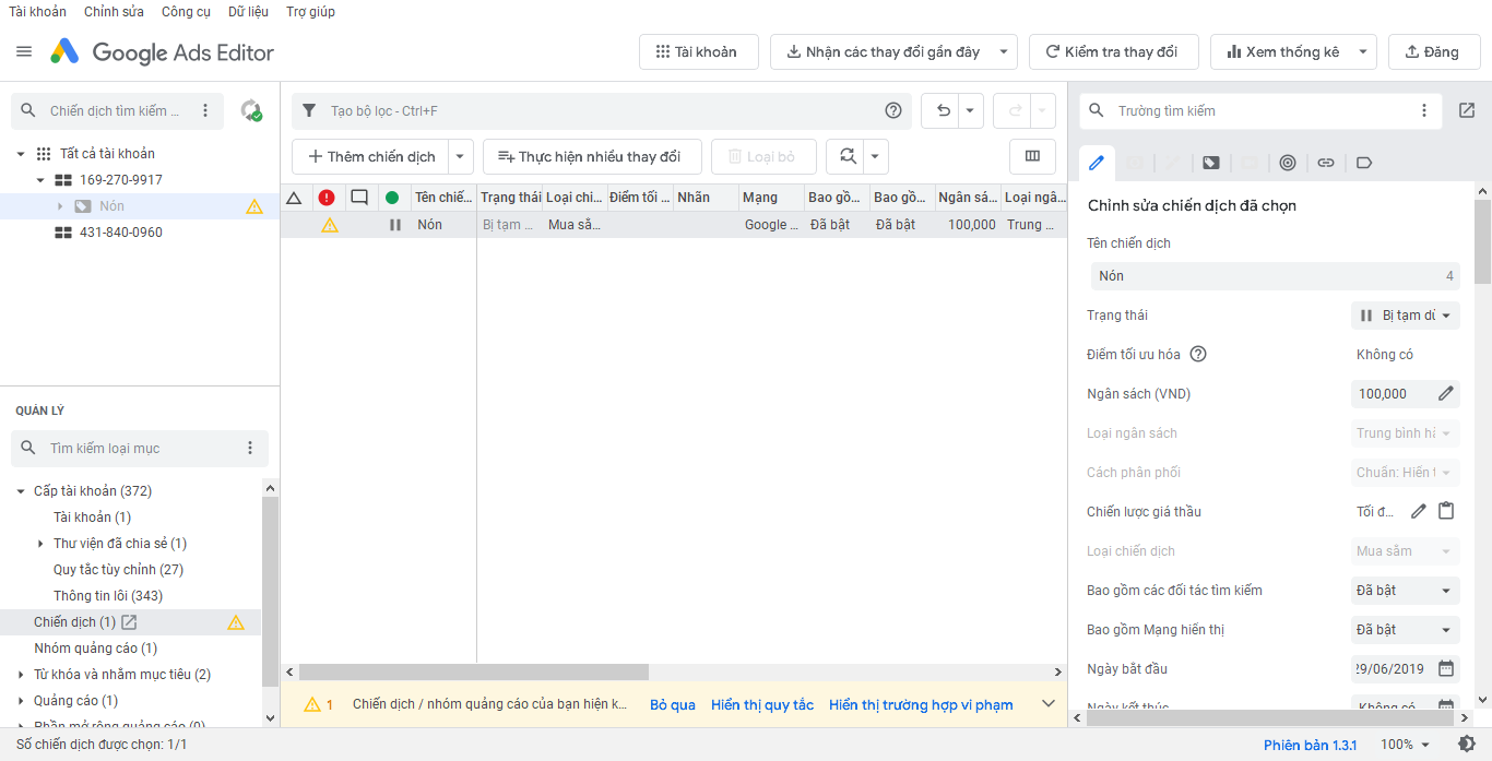 Chỉnh sửa chiến dịch trên Google Ads Editor